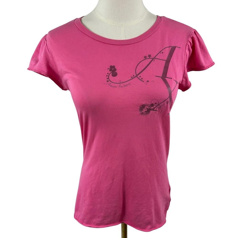 Armani Exchange AX T Shirt Women S Hot Pink Logo Graphic Puff Sleeve McBling Y2K